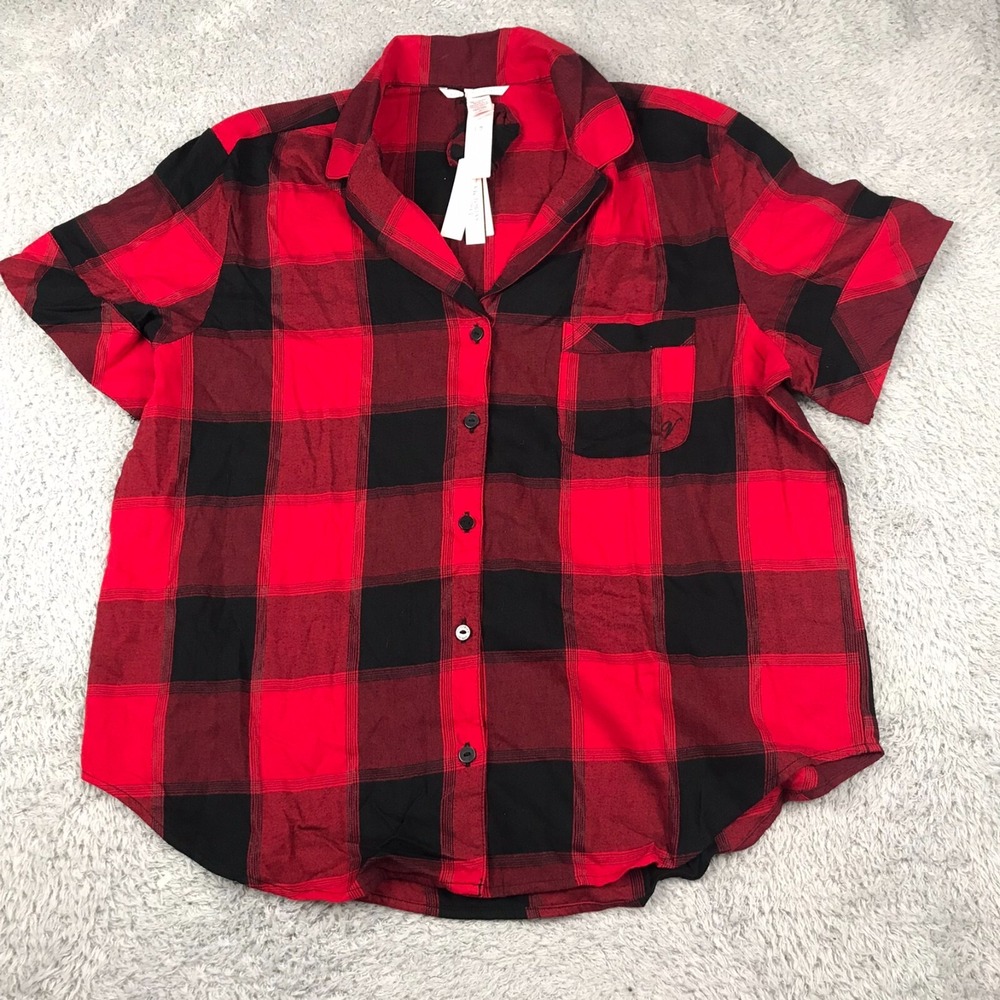 Victorias Secret Shirt Womens M Red Buffalo Oversized Flannel + Scrunchie NEW